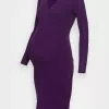 V Ausschnitt Mini Bodycon Ripp Strickkleid - Robe Pull - Purple