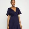 Sleeves Wrap Waist V Flared Mini Dress - Robe En Jersey - Dark Blue