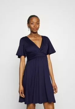 Sleeves Wrap Waist V Flared Mini Dress - Robe En Jersey - Dark Blue