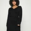 V Ausschnitt Mini Strickkleid Mit Gürtel Und Spitzeneinsatz - Robe Pull - Black