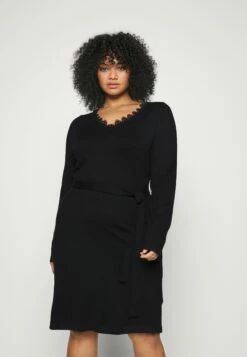 V Ausschnitt Mini Strickkleid Mit Gürtel Und Spitzeneinsatz - Robe Pull - Black